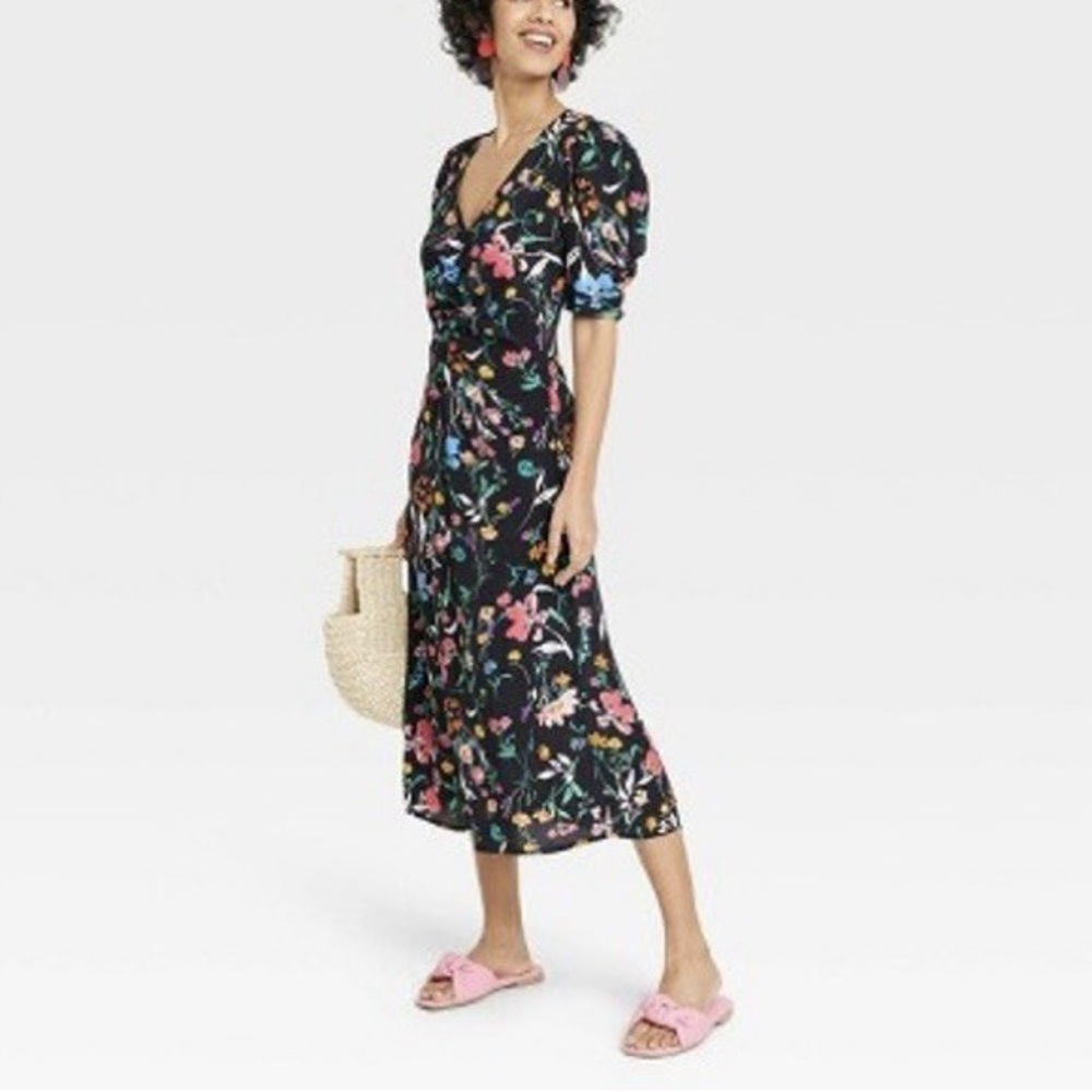 a new day Black Floral Midi Dress with Puff Sleeves